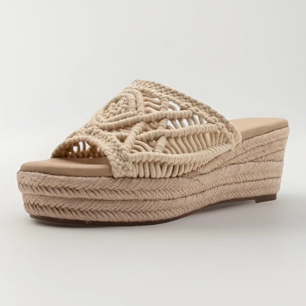 Sbicca Eureka Macrame Wedge Natural Beige Espadrille Size 9M Women Slide Sandals